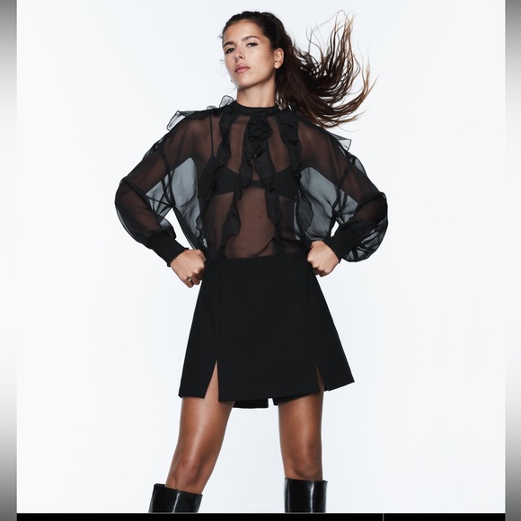 Zara semi sheer oversized ruffle organza blouse - Picture 1 of 12